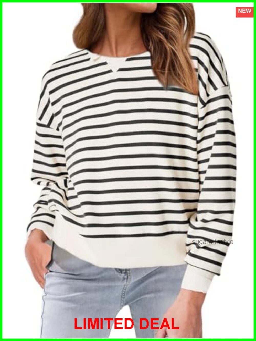 Women Crewneck Striped Sweatshirt Long Sleeve Pullover Casual